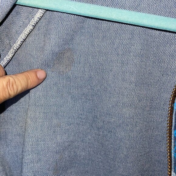 Vintage Womens Denim Bomber Jacket Size Medium Blue Purple Pink Abstract Print - Picture 10 of 14
